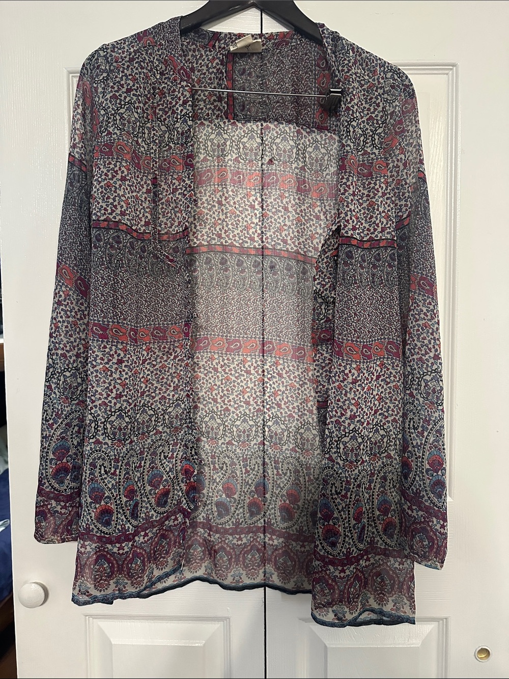 Converse Sheer Open-Front Paisley Jacket in Navy and Red